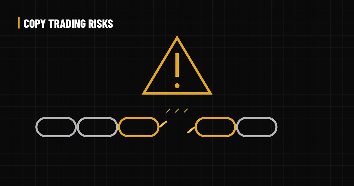 Warning triangle above a chain of copied-trade links with one link broken