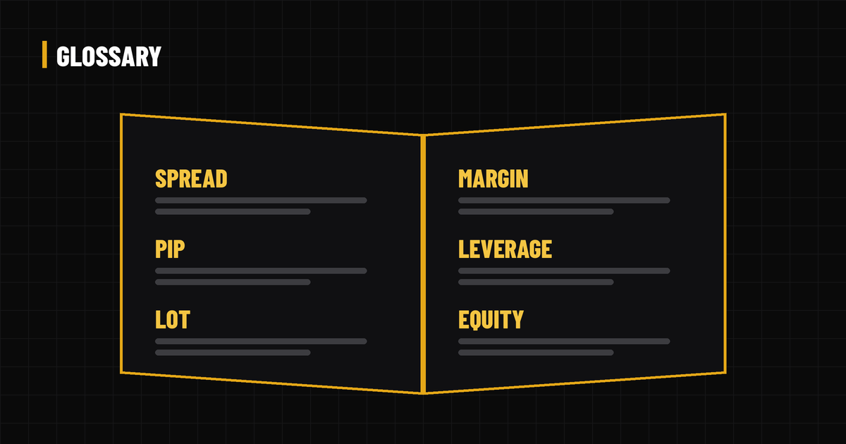 Open book showing trading terms: spread, pip, lot, margin, leverage and equity