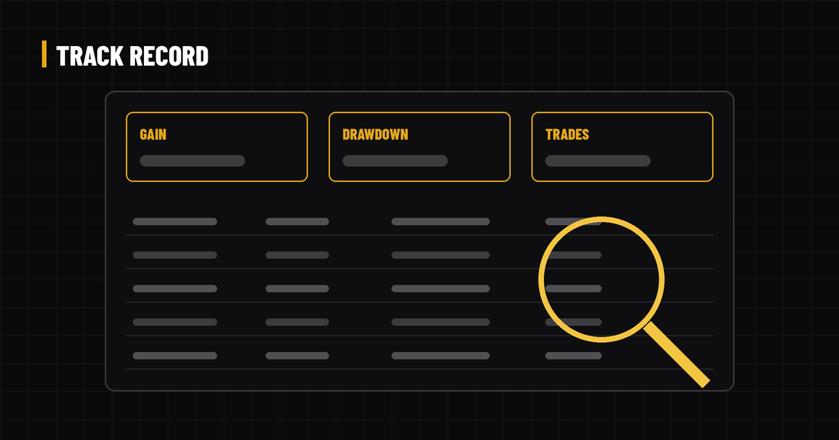 Generic stats dashboard with Gain, Drawdown and Trades panels and table rows shown as blank placeholder bars, under a magnifying glass